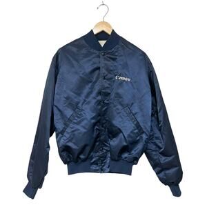 Vintage 80s Canon Bomber Jacket Camera Company Satin Navy Blue Adult Medium RARE
